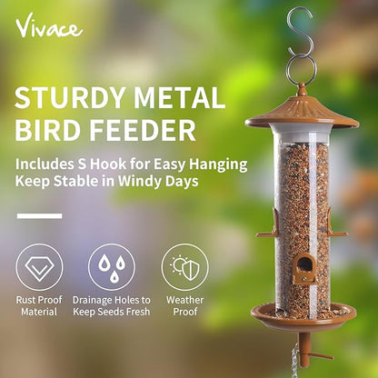 Vivace Hanging Bird Feeders, Easy to Fill 12" Tube Metal Bird Feeder for Outdoors, 4 Ports, with S Hook