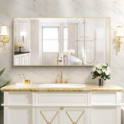 48x24In Gold Bathroom Mirror for Wall, Brushed Gold Rectangle Mirrors with Metal Frame, Bathroom Rectangular Mirror Modern Wall Mirror for Bedroom Living Room, Hangs Horizontal or Vertical