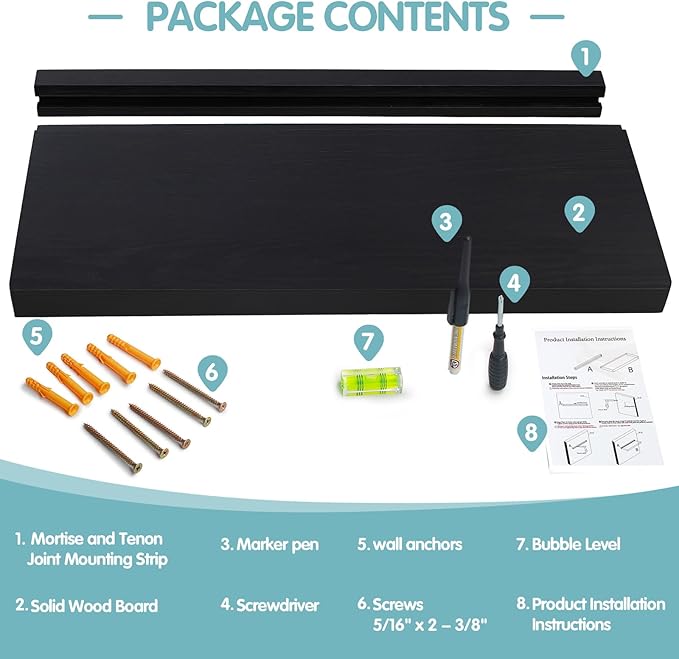 Solid Walnut Floating Shelves for Wall, 16"*6.7"*1.6"Real Thick Wood Mounted Wall Display Shelf with Joinery for Home Decor, Bathroom,Kitchen（ Black Stain）