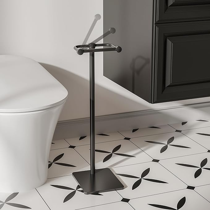 RUACQ Toilet Paper Holder Stand, Bathroom Toilet Paper Roll Holder Free Standing, Toilet Tissue Holder Stand with Post Pivoting Design, Stable Weighted Base, SUS304 Stainless Steel (Matte Black)