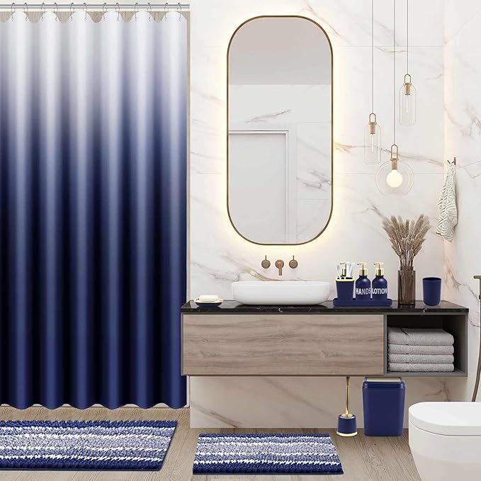 25PCS Navy Blue Bathroom Accessories Sets Complete, with Shower Curtain, Rugs, Trash Can and Toilet Brush, Soap Dispenser, Toothbrush Holder and Cup, Soap Dish, Qtip Holder, Bathroom Decor Sets