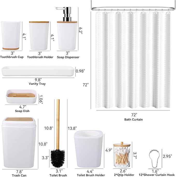 White Bathroom Sets Accessories with Waffle Shower Curtain,Bathroom Sets with Trash Can,Toothbrush Holder,Toothbrush Cup,Soap Dispense,Tray,Soap Dish,Toilet Brush,Qtip Holder