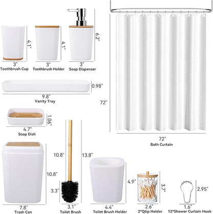 White Bathroom Sets Accessories with Waffle Shower Curtain,Bathroom Sets with Trash Can,Toothbrush Holder,Toothbrush Cup,Soap Dispense,Tray,Soap Dish,Toilet Brush,Qtip Holder