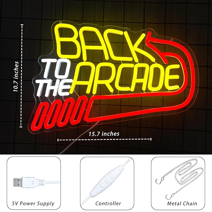 Retro Arcade Neon Sign Large Back to the Arcade Neon Light Dimmable Gamer Neon Signs for Wall Decor USB Powered Vintage Gaming Signs for Bar Game Room Man Cave(15.7 * 10.7inch)