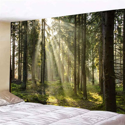 Onivein Forest Tapestry Nature Sunlight Streaming Through Green Trees Wall Hanging for Bedroom Living Room Office Decor 90 x 70 Inches