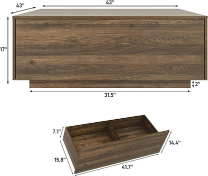 43” Square Coffee Table with Storage, Modern Large Square Center Table with 2 Drawers, Wood Coffee Table for Living Room, Walnut