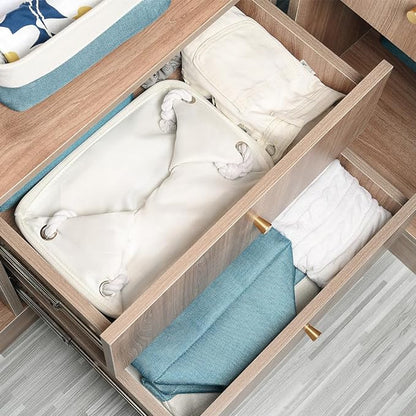 TheWarmHome Fabric Storage Bins Baskets for Organizing,Sturdy Storage Basket W/Handles, Decorative Foldable Storage Baskets for Shelves Closet Nursery Toy (White&Teal, Medium - 3 Pack)