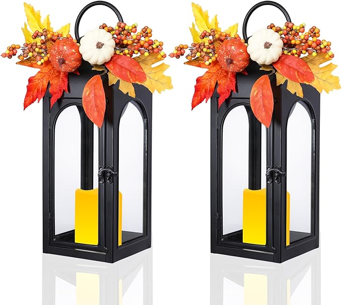 Bdor 2 Pack Fall Lanterns Decor with LED Candle – 16 Inch Harvest Pumpkin Maple Leaf Hanging Lantern for Autumn Thanksgiving Table Centerpiece Indoor Outdoor Decoration, Battery Operated