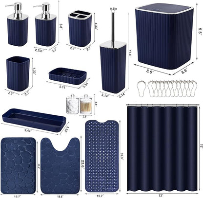 26PC Bathroom Accessories Set - Gorgeous Blue Bathroom Set, Bathroom Accessory Set, Blue Shower Curtain Set with Bathtub Mats for Shower Tub