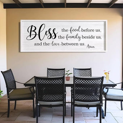 Bless the Food Before Us, the Family Beside Us, and the Love between us Framed Wall Art for Dining Room, 40''×15'' Holy Positive Religious Rustic Bible Verse for Christian God Jesus Christ Prayer