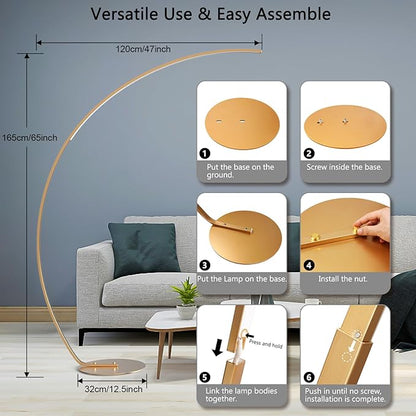 NUÜR Arc Floor Lamp, 67" Tall Gold LED Modern Standing Floor Lamp with Remote Control, Arched Bright Floor Lamps for Living Room Bedroom Office Home