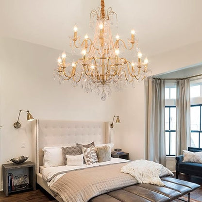 40" Large Brass Crystal Chandeliers,Gold Brushed Brass Chandelier for High Ceiling Living Room Dining Room Staircase Hallway Entryway Foyer(15-Light, Bulb Included)