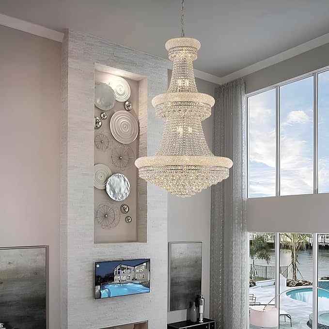 31 - Light Large Empire Crystal Chandelier for High Ceiling Foyer Entryway Staircase Living Room Dining Room Chrome Finish