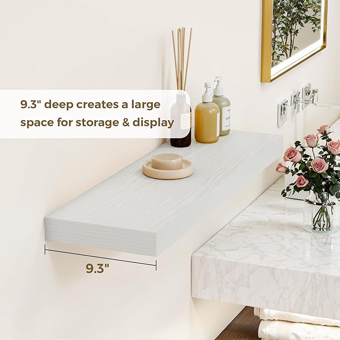 36 Inches Floating Shelves for Wall, 9.3" Deep Long Floating Shelves Set of 2, Large Display & Storage Shelf, Wall Shelf for Bathroom Bedroom Living Room Kitchen Office, White