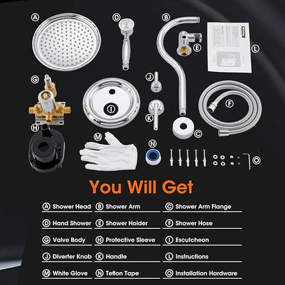 Shower System with Rain Shower Head, Handheld Spray, Rough-in Valve and Trim Kit 9 Inch Bathroom Luxury Rain Mixer Shower Complete Combo Set Wall Mounted High Pressure Shower Faucet Set Chrome