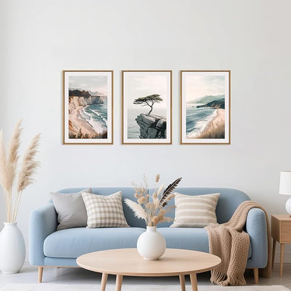 Amalfi Coastal Beach Framed Canvas Wall Art Set, Summer Ocean Wall Decor, Southwestern Beach Wall Painting, Ocean Seascape Art Prints for Living Room, Bedroom, Dining Room - 16"x24"x3