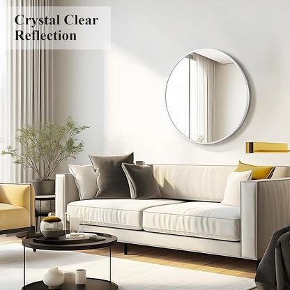 Fabuday Silver Round Mirror for Wall 24 inch - Circle Mirror for Bathroom, Entryway, Living Room, Hallway, Vanity Decor, Small Matte Metal Frame Mirrors