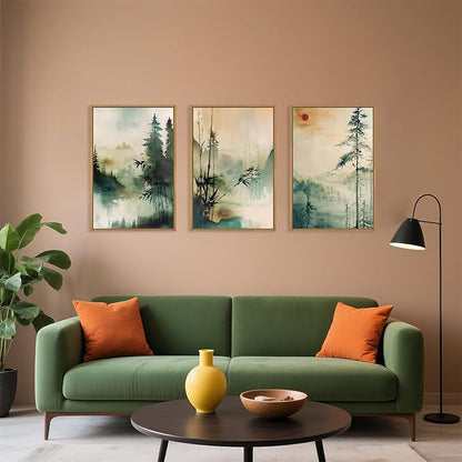 Chinoiserie Nature Framed Canvas Wall Art Set, Mountain and Forest Landscape Painting, Natural Bamboo Pine Tree Lakes Wall Decor for Living Room, Bedroom, Dining Room, Office - 16"x24"x3
