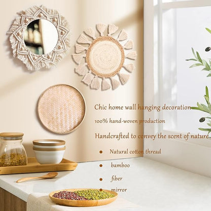 Boho Wall Basket Decor Set - Flat Woven Macrame Tapestry, Mirror White Round Tassels, Handmade Rattan Wicker Seagrass Wall Basket