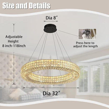 Dia 32" Ring Crystal Chandelier Modern Black Ring Chandelier Adjustable Height Luxury Crystal Pendant Ceiling Light Fixture for Dining Living Room Bedroom