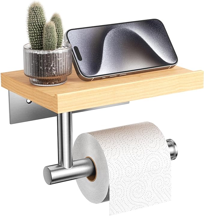 Tindbea Toilet Paper Holder with Wood Shelf, Wooden Wall Mount Tissue Paper Roll Holder, Brushed Nickel Stainless Steel Bathroom Accessories Decor for Home (Maple, Brushed Nickel)