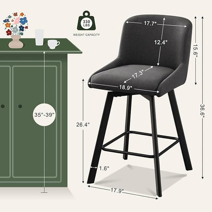 Swivel Counter Height Bar Stools Set of 2, 26''H Upholstered Barstools with Backs, Modern Bar Stool Chairs for Kitchen Island, Metal Legs, Fabric, Black Grey Stools Counter Chair