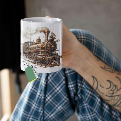 Customized Vintage Locomotive Design Ceramic Cup, Personalized Steampunk Train Coffee Mug 11oz 15oz, Unique Custom Name Mug Gift For Train Enthusiasts, Steam Engine White Mug