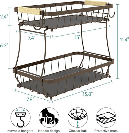 2 Tier Fruit Basket for Kitchen Counter with 2 Banana Hangers, 2025 Pro Detachable Metal Fruit Bowl with Wooden Handle,Fruit Holder for Bread Snack Veggies, Brown