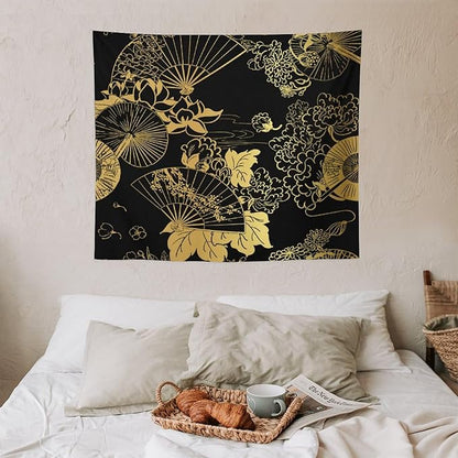HZOHNAGO Japanese Tapestry Gold Flowers Umbrella Fan Pattern Printed Wall Tapestry Painting Wall Hanging for Bedroom Living Room Dorm 60" W x 50" H