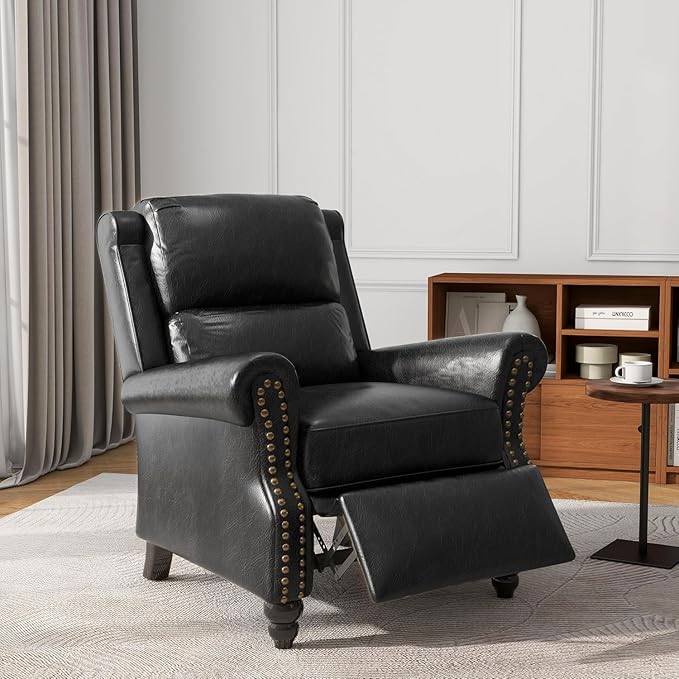 UIXE Pushback Recliner Chair, PU Leather Armchair Push Back Accent Chair for Living Room, Rivet Trim Club Chair Home Theater Overstuffed Single Sofa Bedroom Reading Seat - Black