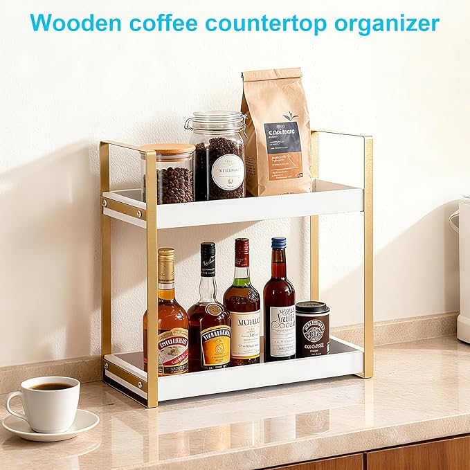 Bathroom Counter Organizer with Basket, Wooden Sink Shelf for Vanity Storage, Storage Organizers for Bathroom, Kitchen, Dresser (Gold - White)