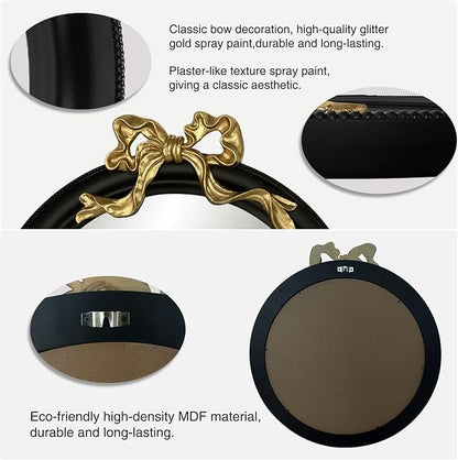 25x25 inch Bow Antique Round Mirror for Wall, Gold & Black Decorative Wall-Mounted Circle Mirror, Perfect for Bedroom, Hallway, Living Room Décor, and Bathroom Vanity