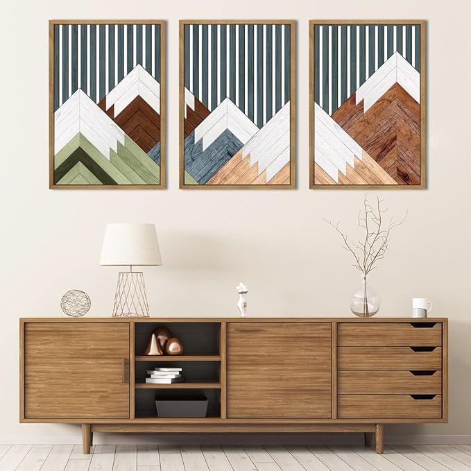 DRACIT Large Woodcut Mountain Wall Art Set Abstract Boho Forest Wood Wall Decor Nature Blue Art Decor Modern Geometric Wooden Wall Sculptures for Living Room Bedroom Office-16x24Inchx3