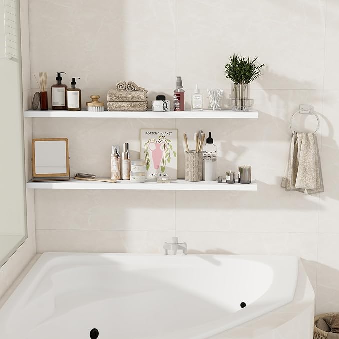 White Floating Shelves for Wall, 48 Inch Floating Shelves for Home Decor, Wall Mounted Rustic Wood Shelves, Bathroom, Hanging Deep Shelf for Bedroom, Living Room, Kitchen, 2 Packs