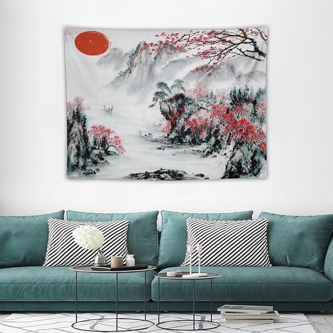 Cherry Blossoms Tapestry, Japanese Red Landscape Asian Watercolor Abstract Art, Bedroom Living Room Decor 40"x30"