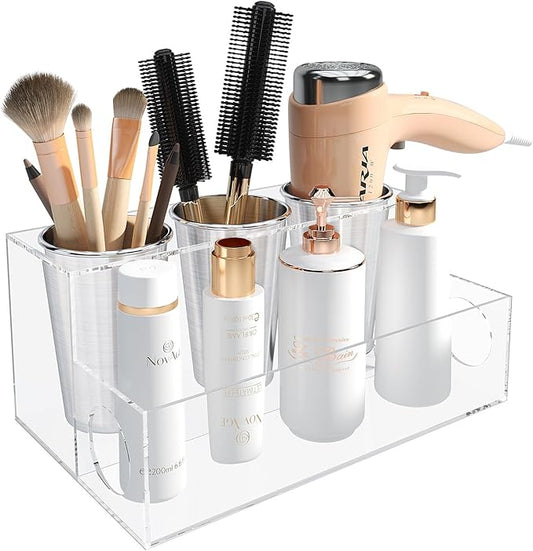 Clear Hair Tool Organizer, Blow Dryer Holder, Acrylic Bathroom Supplies Countertop and Vanity Caddy Storage for Accessories, Makeup, Toiletries