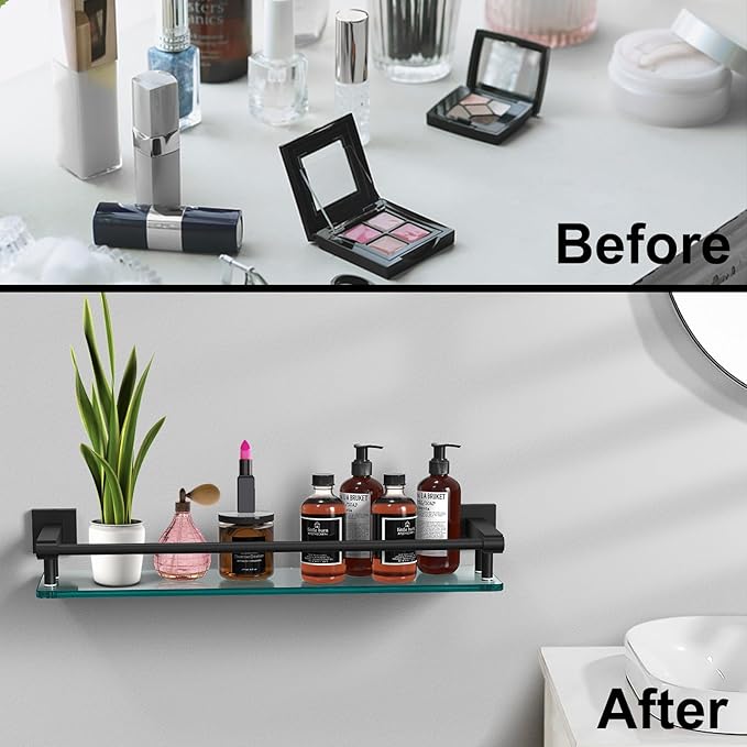 Bathroom Glass Shelf 20IN Rectangular Stainless Steel Tempered Glass Shelves Modern Stainless Steel Wall Mount Bathroom Shelf (Matte Black, 20‘’)