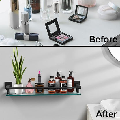 Bathroom Glass Shelf 20IN Rectangular Stainless Steel Tempered Glass Shelves Modern Stainless Steel Wall Mount Bathroom Shelf (Matte Black, 20‘’)