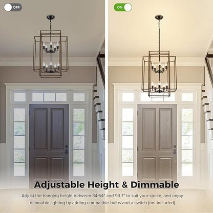 30" Black Farmhouse Chandelier, 10-Light Foyer Lighting Fixtures, Lantern Tiered Pendant Light Fixtures, Metal Wood Grain Finish Rustic High Ceiling Chandelier for Dining Room Entryway Staircase