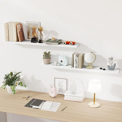 White Floating Shelves for Wall, 48 Inch Floating Shelves for Home Decor, Wall Mounted Rustic Wood Shelves, Bathroom, Hanging Deep Shelf for Bedroom, Living Room, Kitchen, 2 Packs