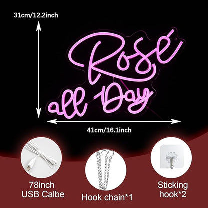 Rose All Day Neon Sign LED Pink Rose Neon Light For Wall Decor Dimmable USB Words Light Up Sign for Bedroom Wedding Party Atmosphere Decor Lovers Gift(12.2 * 16.1 In)