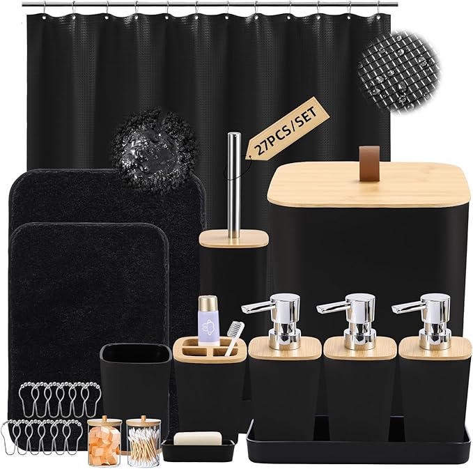 Bathroom Sets with Shower Curtain and Rugs, 27PCS Black Bathroom Accessories Set with Trash Can, Black Shower Curtain Set, No Slip Super Absorbent Bathroom Rugs