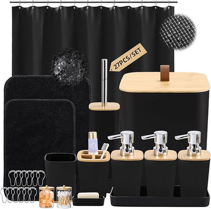 Bathroom Sets with Shower Curtain and Rugs, 27PCS Black Bathroom Accessories Set with Trash Can, Black Shower Curtain Set, No Slip Super Absorbent Bathroom Rugs