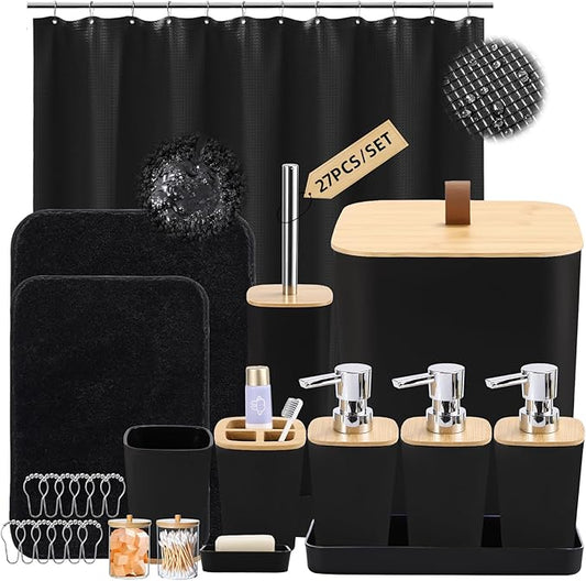 Bathroom Sets with Shower Curtain and Rugs, 27PCS Black Bathroom Accessories Set with Trash Can, Black Shower Curtain Set, No Slip Super Absorbent Bathroom Rugs