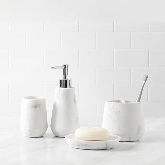 4 Piece Modern Bathroom Accessory Set with Marbled Style and Geometric Design Includes Lotion Dispenser, Toothbrush Holder, Tumbler, Soap Dish (Mordern Style Marble)