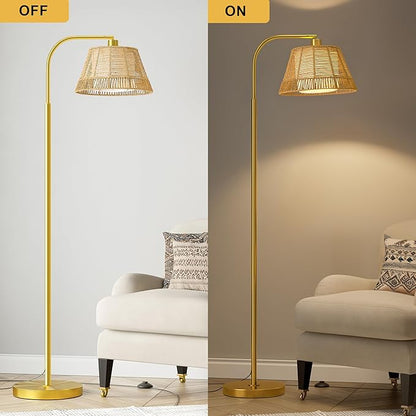 Oneach Arc Floor Lamp for Living Room,Rattan Boho Floor Lamp with Hand-Woven Wicker & Fabric Shade, Foot Switch,Gold Metal Base & Pole,Farmhouse Standing Lamp for Bedroom Corner,Office,Reading