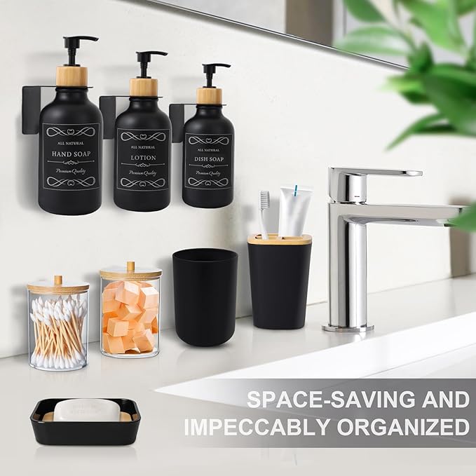 Black and Wood Bathroom Accessories Set 19Pcs, Bathroom Set with Trash Can and Toilet Brush, 3PCS Drill Free 17oz Soap Dispenser Wall Mounted, Toothbrush Holder and Cup, Soap Dish, Qtip Holder