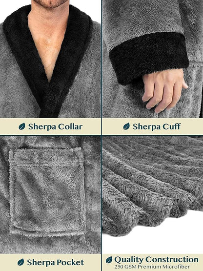 PAVILIA Mens Soft Robe, Plush Fluffy Fleece Bathrobe Men, Long Sherpa Shaggy Spa Robe