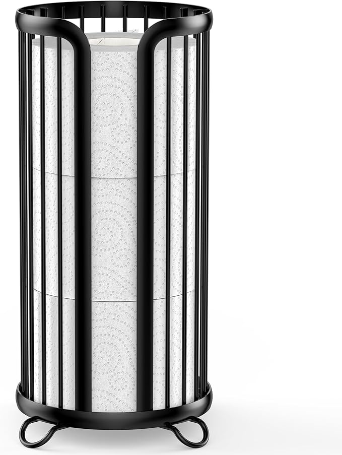 Toilet Paper Holder Stand, Freestanding Toilet Tissue Organizer, Minimalistic Storage Solution, Reserve Mega Rolls-Modern Black