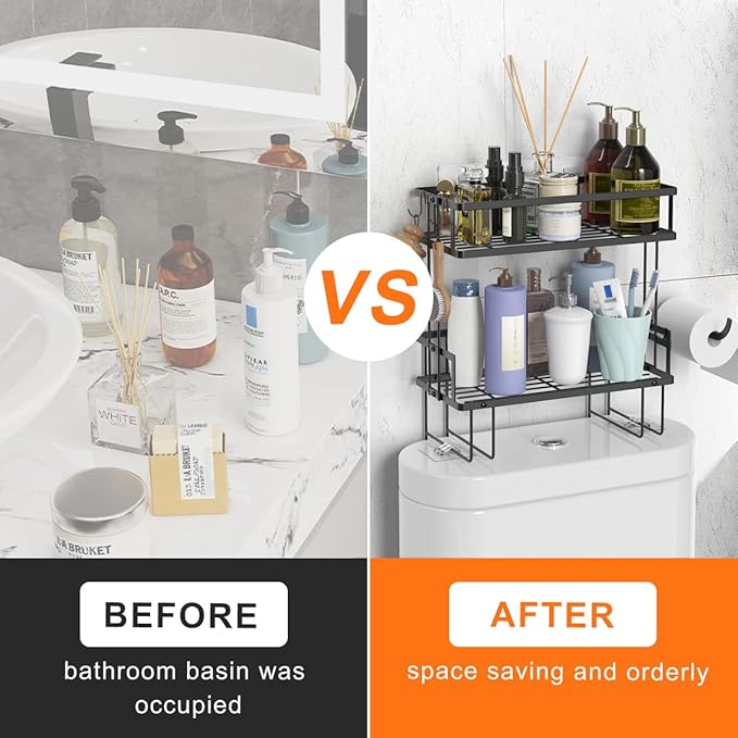 Over The Toilet Storage Shelf, 2-Tier Bathroom Storage Organizer Upgrade Punch-Free Toliet Storage Shelf, Home Storage Rack with Hooks Shelf,Black